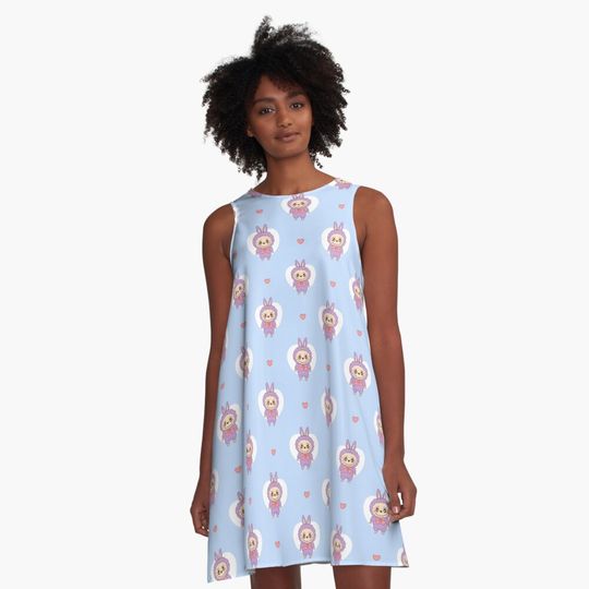 Labubu Pattern - THE MONSTERS Tasty Macarons Vinyl Face - Popmart A-Line Dress