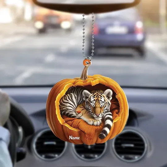 Personalized Tiger Pumpkin Halloween Ornament, Tiger Ornament Gift, Tiger Halloween Ornament, Tiger Car Ornament