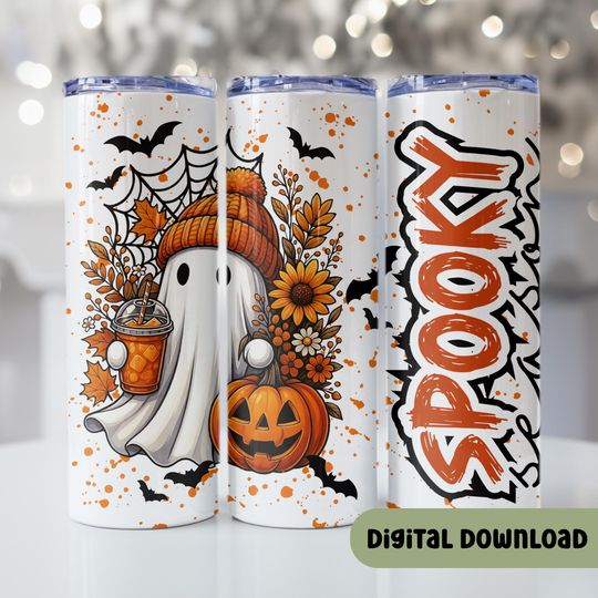 Halloween Tumbler, Spooky Season Tumbler Design, Ghost Wrap, Fall Seamless Tumbler