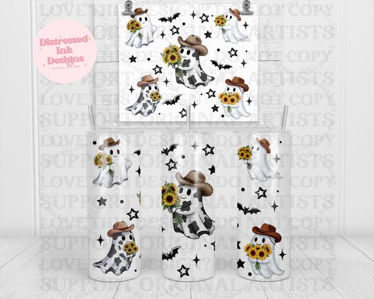 Cowprint Ghost Tumbler, Boojee Ghost 20oz Skinny Tumbler ,Western Halloween Tumbler