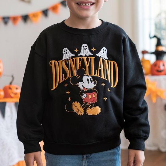 Kids Embroidered Disneyland Halloween Sweatshirt, Halloween Mickey Ghost Sweater, Mickey Halloween, Disney Autumn Sweater, Youth Sweatshirt