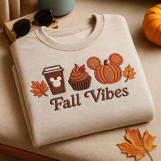 Mickey Fall Vibes Embroidered Shirt, Preppy Coffee Fall Crewneck, Pumpkin Lace Sweatshirt, Preppy Autumn Sweater, Pumpkin Spice Shirt
