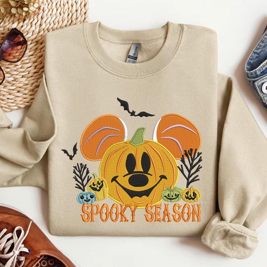 Halloween Pumpkin Mouse Embroidered Sweatshirt, Halloween Mk Mouse Pumpkin Embroidered Shirt, Spooky Season Gift, Scary Pumpkin Hoodie