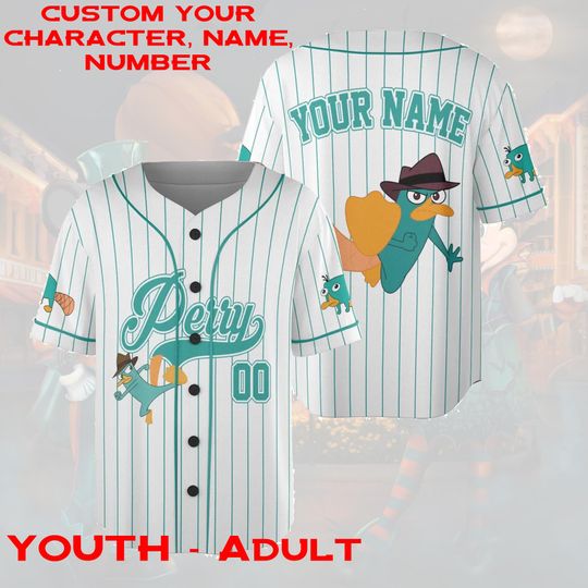Custom Name and Number Phineas And Ferb Perry The Platypus Jersey, Perry Birthday Jersey Gift, Phineas And Ferb Disney Baseball Jersey