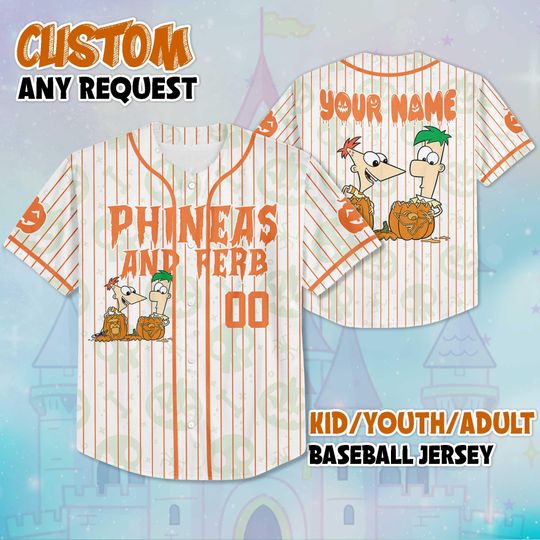 Custom Disney Phineas and Ferb Halloween Baseball Jersey, Phineas and Ferb Jersey Shirt, Disneyland Baseball Team Outfit, Halloween Shirt