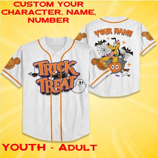 Custom Name & Number Pluto Trick Or Treat Halloween Jersey, Pluto Disneyland Kid Youth Adult Jersey, Halloween Mickey Friends Disney Jersey