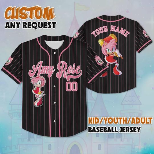 Custom Name Amy Rose Black Jersey, Amy Rose the Hedgehog Disney Birthday Gift, Sonic the Hedgehog Jersey, Amy Rose Birthday Girl Jersey