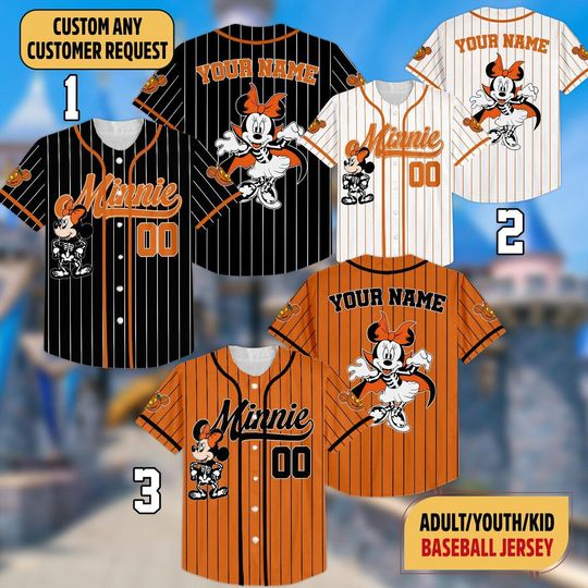 Custom Name & Number Minnie Halloween Baseball Jersey, Disneyland Movie Jersey, Minnie Halloween Jersey, Funny Minnie Girl Matching Jersey