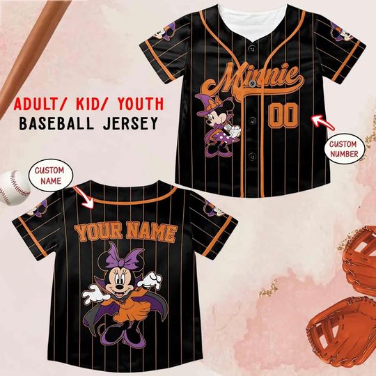 Custom Name & Number Minnie Witch Halloween Baseball Jersey, Disneyland Movie Jersey, Minnie Halloween Birthday Girl Matching Jersey Gift