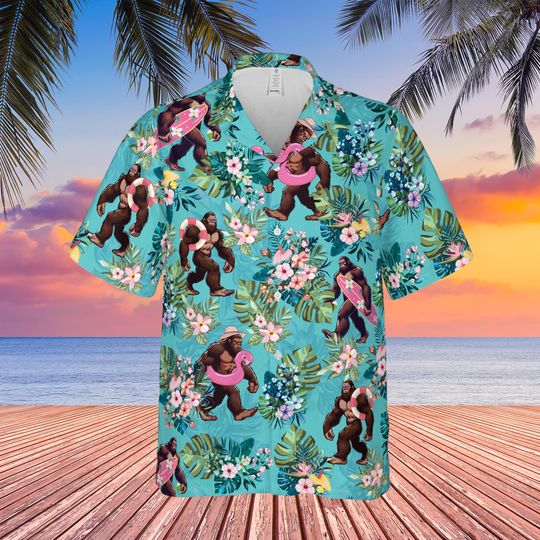 Hawaiian Bigfoot Shirt, Sasquatch Monstera Button-Up, Flamingo Float Vacation Aloha Summer Shirt