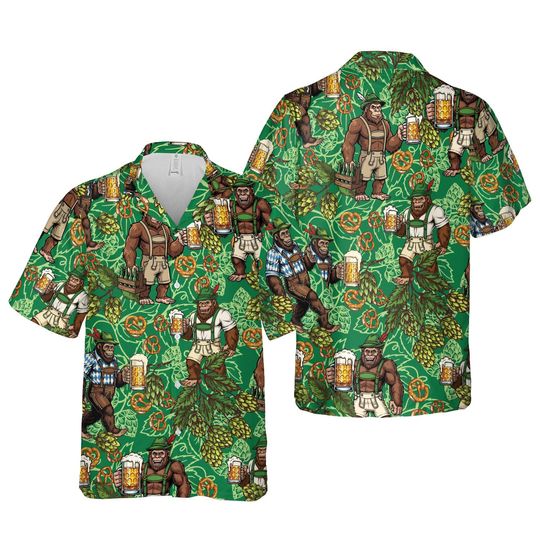 Prost Oktoberfest Bigfoot Hawaiian Shirt, German Beer Festival Sasquatch Button Shirt, Beer Flower Pretzel Lover Shirt