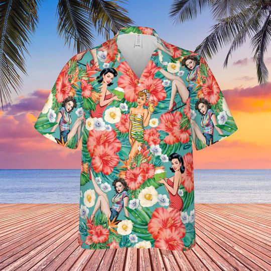 Tropical Summer Pinup Girl Hawaiian Shirt, Retro Beach Girl Button-Up, Aloha Summer, 1950s Pool Party Shirt