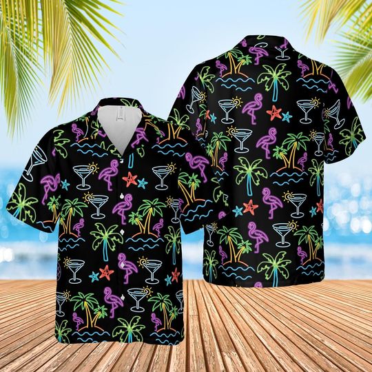 Neon Flamingo Hawaiian Shirt, Aloha Summer Button Up, Tropical Beach Vacation Shirt