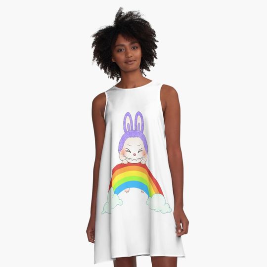 rainbow Labubu A-Line Dress, Labubu sleeveless tank dresses, Gift for Her