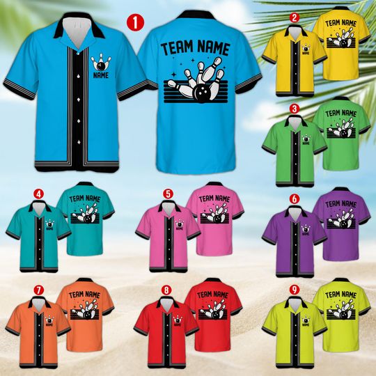Personalized Hawaiian Bowling Shirt, Custom Name Retro Bowling Team Button Shirt