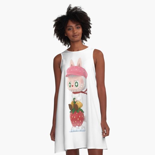 LABUBU - STRAWBERRY A-Line Dress, Labubu sleeveless tank dresses, Gift for Her
