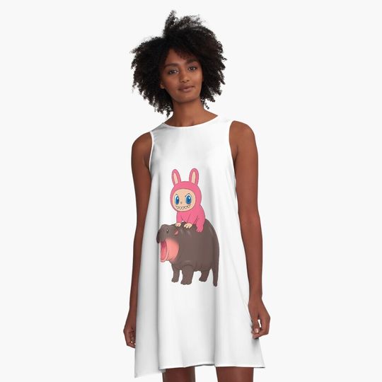 Labubu Rides Moo Deng Macaron A-Line Dress, Labubu sleeveless tank dresses, Gift for Her