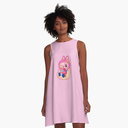pink labubu A-Line Dress, Labubu sleeveless tank dresses, Gift for Her