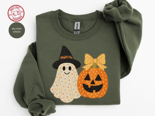 Ghost And Pumpkin Sweatshirt, Preppy Floral Pumpkin Sweatshirt, Pumpkin Season Sweatshirt