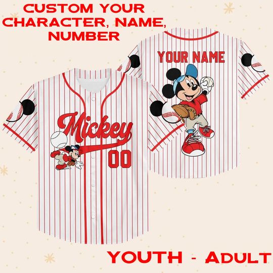 Personalize Name & Number Disney Mickey Baseball Jersey, Custom Disneyland Kid Youth Adult Jersey, Mickey Boy Jersey, Birthday Jersey Gift