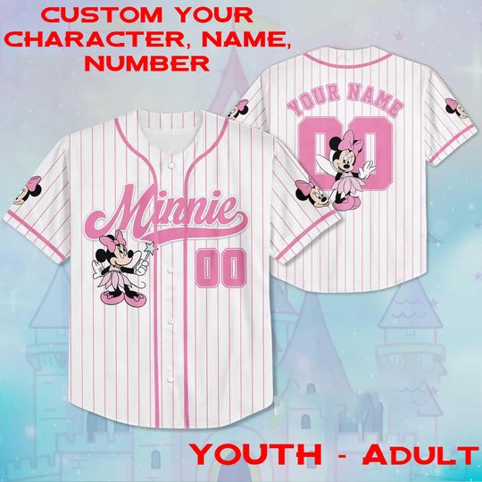 Custom Name & Number Minnie Baseball Jersey, Minnie Disneyland Movie Jersey, Minnie Birthday Girl Funny Matching Jersey, Birthday Girl Gift