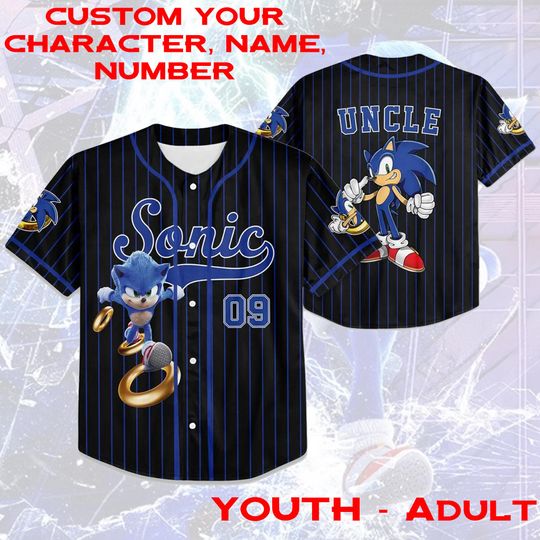 Personalized Name & Number Sonic The Hedgehog Baseball Black Jersey, Sonic Family Movie Jersey, Sonic Hedgehog Birthday Boy Matching Jersey