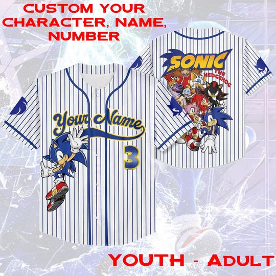 Personalized Name & Number Sonic The Hedgehog Baseball Blue Jersey, Sonic Family Movie Jersey, Sonic Hedgehog Birthday Matching Jersey