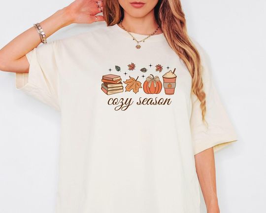 Cozy Season T-Shirt for Women, Fall Pumpkin Leaf Coffee Lover Gift