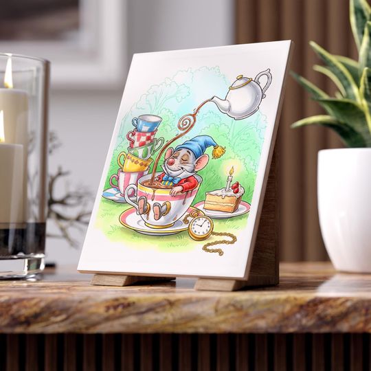Whimsical Dormouse Tea Party Alice in Wonderland Ceramic Photo Tile