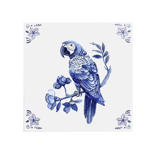 Delft Blue Ceramic Tile: Parrot - Ceramic art, Delft tile, vintage tile, birds