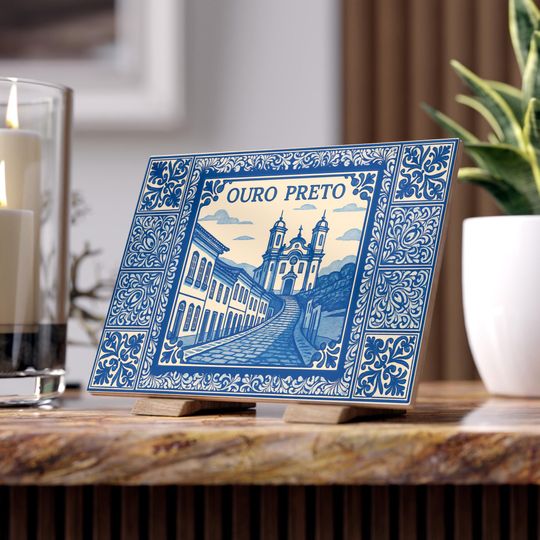 Ouro Preto - Blue & Cream Ceramic Tile 6x8in - Brazilian Cities Collection