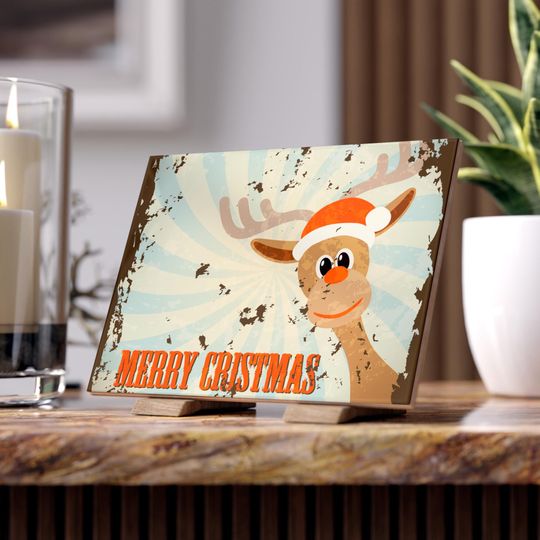 Christmas Ceramic Tile, Vintage Holiday Decor, Reindeer Art, Festive Gift Idea