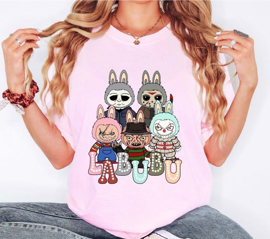 Spooky Labubu Halloween Shirt, Horror Bunny Characters Tee, Cute Halloween Shirt, Freddy Jason Michael Chucky Labubu, Kawaii Halloween