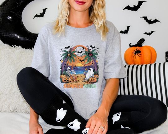 Summer Halloween T-shirt, Beach Summer Shirt, Halloween Skeleton Shirt, Spooky Summer Tee, Beach Skelly and Ghost Shirt