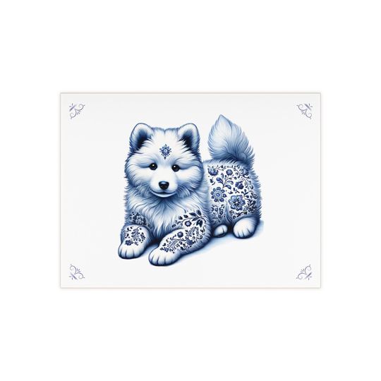 Ceramic Tile, Samoyed Pup, Delft Blue Design, Modern Twist, Dog Lover Gift