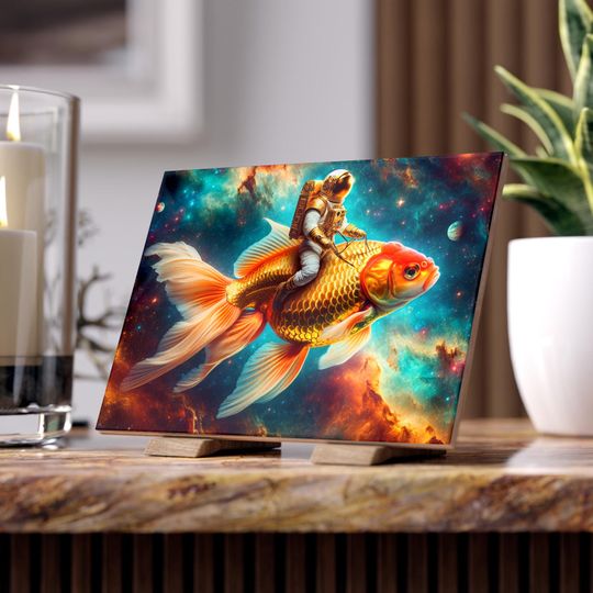 Cosmic Goldfish Ceramic Photo Tile, Astronaut Fish Decor, Unique Wall Art
