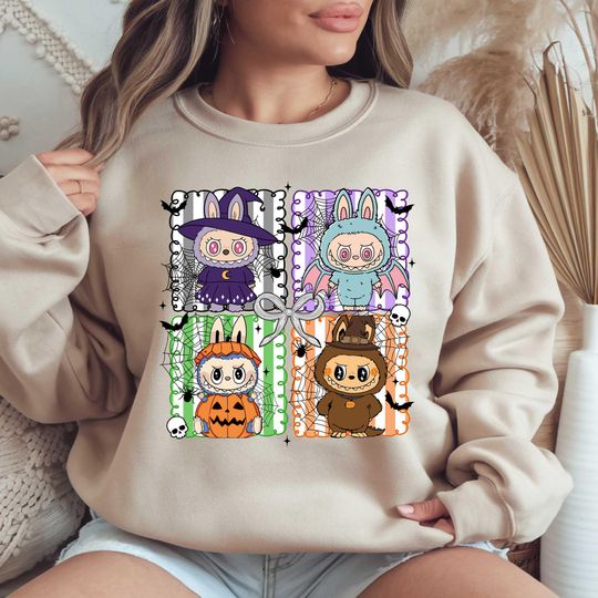 Spooky Labubu Halloween Shirt, Checkerboard Labubu Sweatshirt, Kawaii Monsters Shirt, Cute Ghost Pumpkin Trick Or Treat Shirt