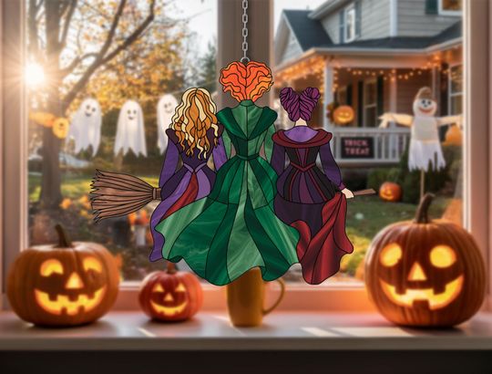 Back View Witch Trio Suncatcher | Halloween Window Hanging | Handmade Stained Glass Style Spooky Decor Gift