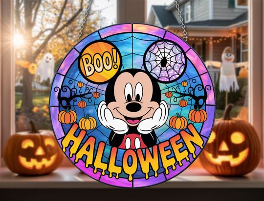Cute Mouse Halloween Suncatcher | Cartoon Pumpkin & Spider Web Window Hanging | Funny Fall Decor for Kids Room or Gift