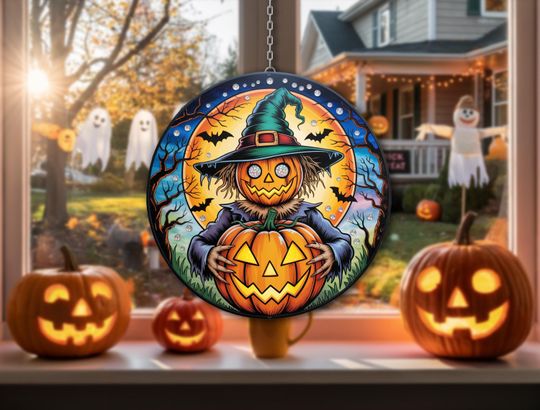 Pumpkin Scarecrow Suncatcher  Witch Hat Jack-O-Lantern with Bats, Spooky Halloween Window Hanging, Fall Gothic Home Decor