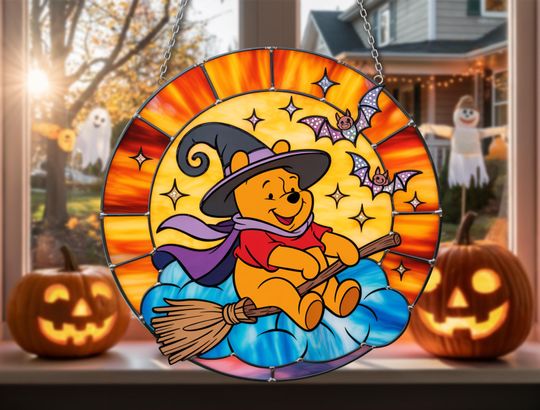 Cute Witch Bear Suncatcher for Halloween | Flying on Broom Window Hanging | Fall Festival Home Decor