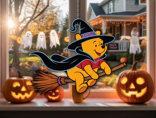 Cute Witch Bear Suncatcher for Halloween | Flying on Broom Window Hanging | Fall Festival Home Decor