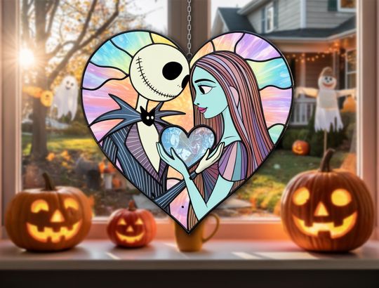 Romantic Gothic Heart Suncatcher  Spooky Couple Glass Decor  Halloween Love Window Hanging  Creepy Cute Fall Gift
