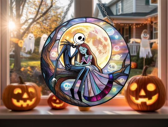 Gothic Moonlight Couple Suncatcher  Spooky Romance Window Hanging  Halloween Night Glass Art  Eerie Fall Home Decor