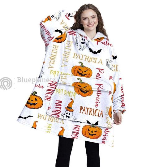 Custom Name Pumpkin Halloween Hoodie Blanket, Custom Halloween Oversized Blanket, Gift