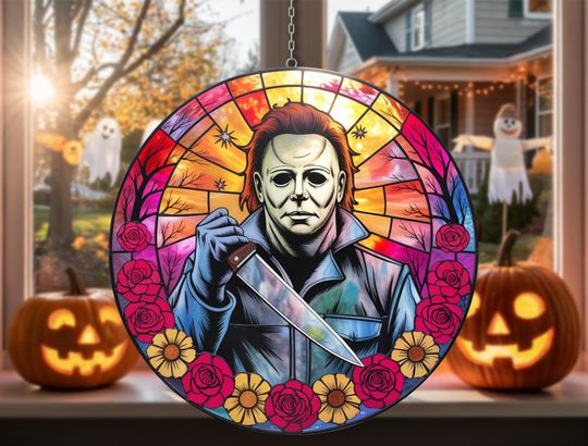 Creepy Masked Figure Stained Glass Suncatcher  Spooky Halloween Window Hanging  Horror Knife Art with Floral Details