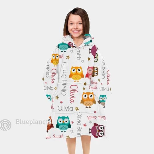 Personalized Owl Wearable Hoodie Blanket, Oversized Blanket, Christmas Gift