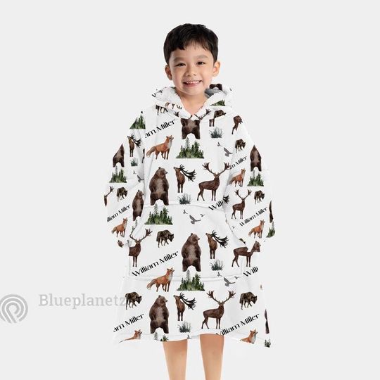 Personalized Woodland Animals Wearable Hoodie Blanket, Oversized Blanket, Christmas Gift