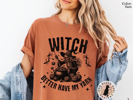 Witchy Cute Knitting Shirt for Halloween - Funny Yarn Lover Shirt Skeleton Crochet Tee Cute Knitting Witchy Crochet Gift for Spooky Season
