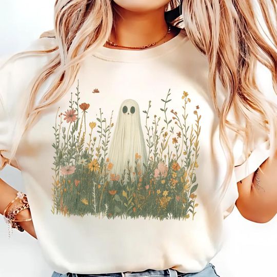 Retro Ghost in Wildflowers Shirt  , Spooky Fall Halloween, Floral Tee Retro October, Ghost Band, Ghost Face, Halloween T-shirt